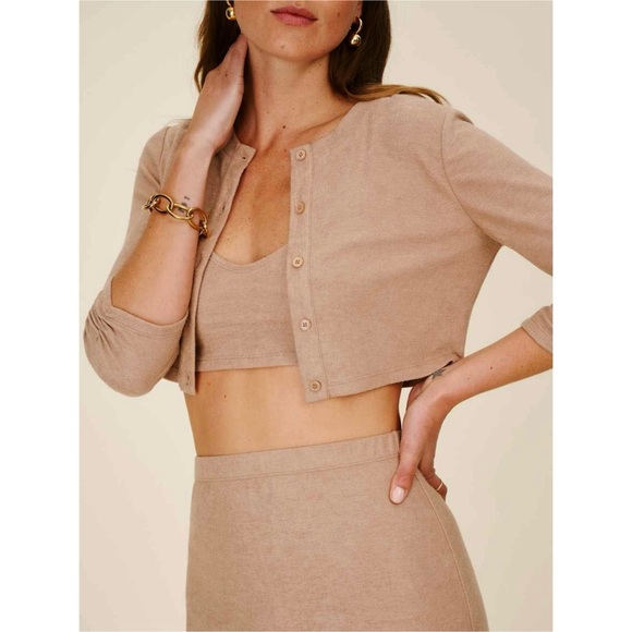 REFORMATION Recycled Knit Ruched 3/4 Sleeve Button Up Cropped Cardigan Sweater M - Picture 5 of 10